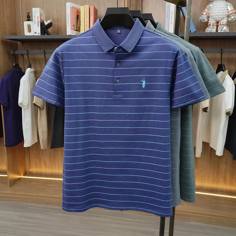 2026 New Summer Pure Cotton Short Sleeved Business Polo Shirt Men's Lapel Breathable Casual Versatile Top Striped T-shirt