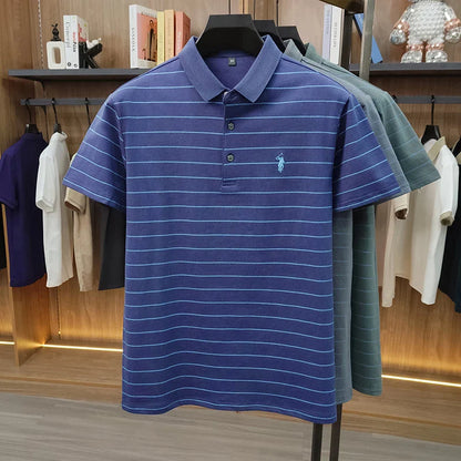 2026 New Summer Pure Cotton Short Sleeved Business Polo Shirt Men's Lapel Breathable Casual Versatile Top Striped T-shirt