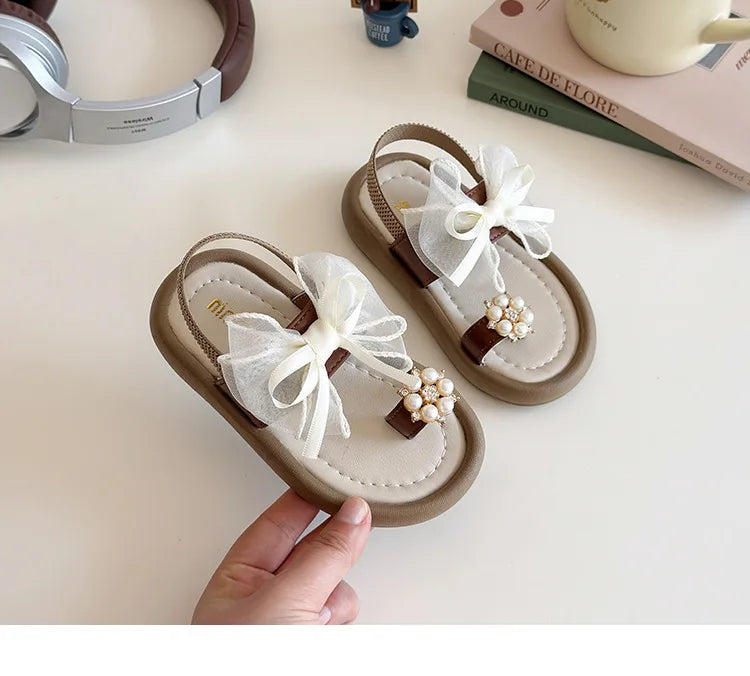 Brand Designer Ribbons Sandals for Girls Beaded Flip Flop Evening Party Dress Shoes Tulle Bow-tie Child Shoes Girl Sandal I06034