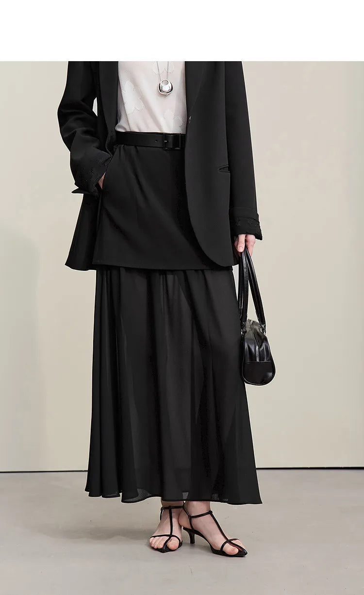 Women's Skirt 2026 Spring New Elegant Patchwork Chiffon Long Skirt Solid Color Straight Versatile Woman Clothes 12641047
