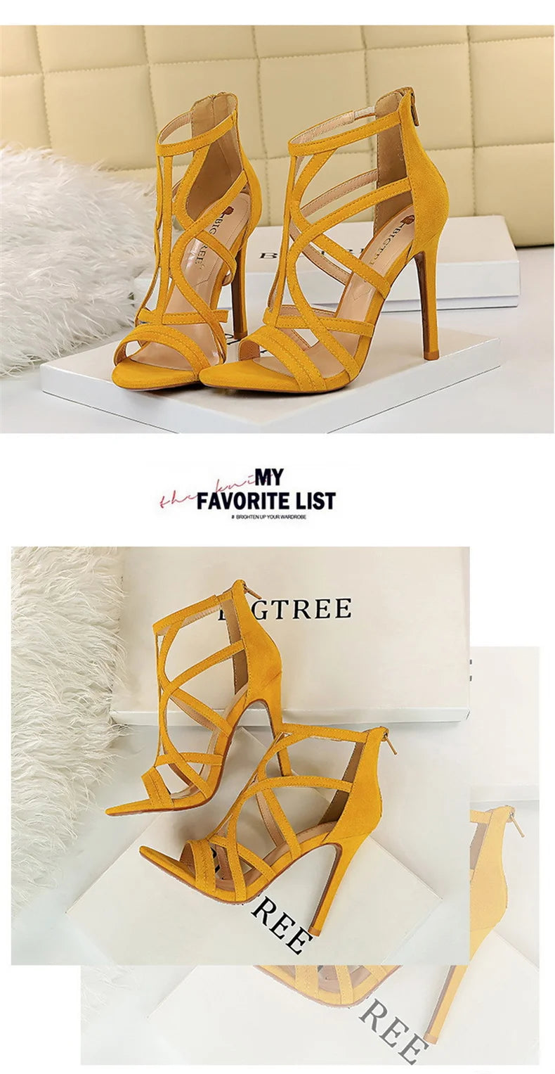 Women Roman Style Thin High Heels Pumps Pointed Toe Suede Hollow Strap Party Shoes Solid Ankle Zip Summer Sandals