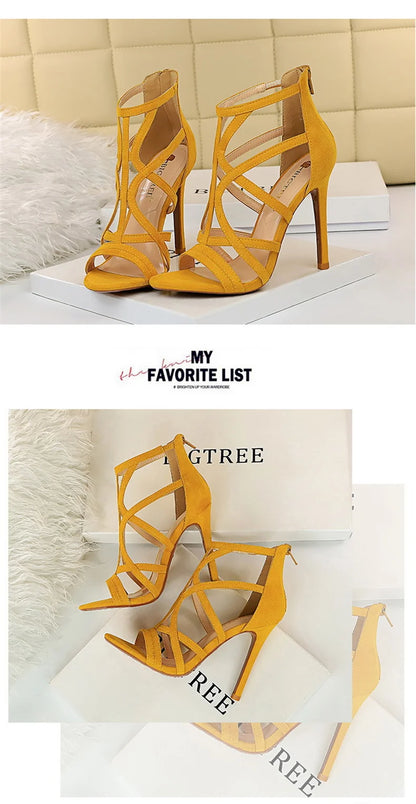 Women Roman Style Thin High Heels Pumps Pointed Toe Suede Hollow Strap Party Shoes Solid Ankle Zip Summer Sandals