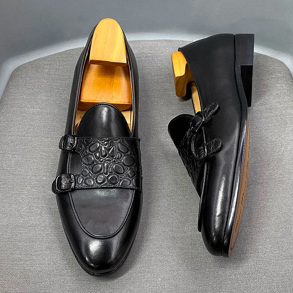 Classic Cow Genuine Leather Men's Loafer Shoes Slip-on Double Buckles Green Black Shoes Wedding Party Formal Shoes for Men