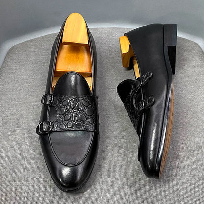 Classic Cow Genuine Leather Men's Loafer Shoes Slip-on Double Buckles Green Black Shoes Wedding Party Formal Shoes for Men