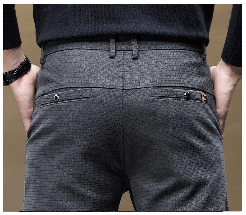 Winter Thicken Men's Solid Slim Straight Casual Pants Business Classic Fleece Trousers Male Warm Plaid Elasticity Pants