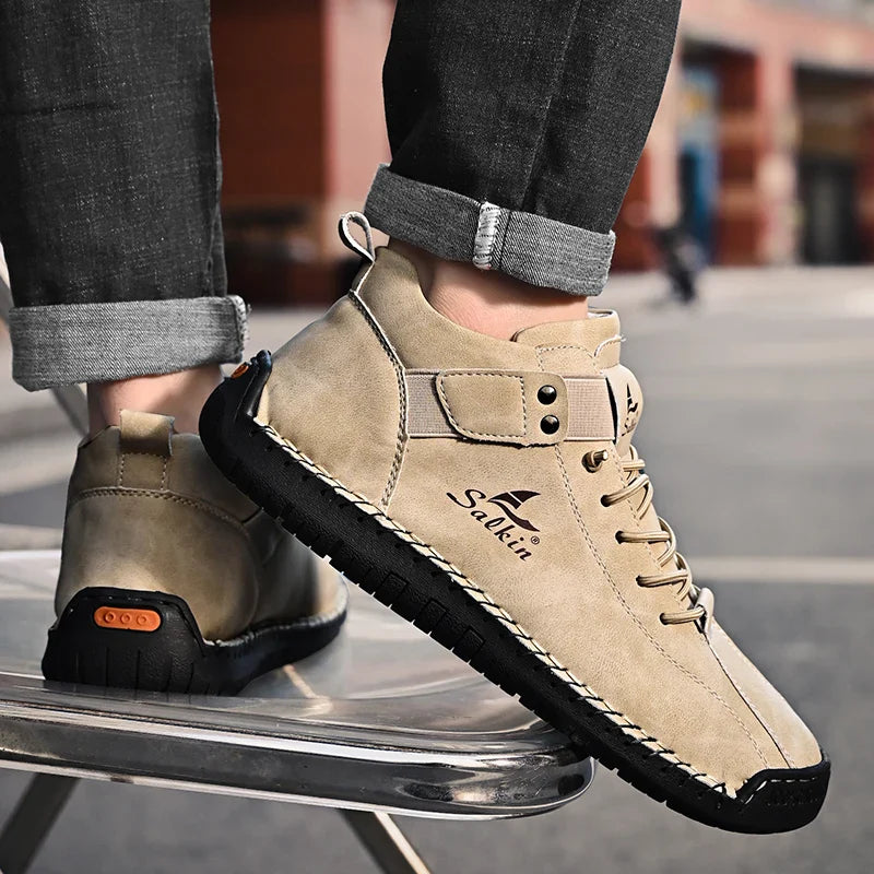 New 2025 Handmade Leather Casual Men Shoes Design Sneakers Man Breathable Leather Shoes Ankle Boots Outdoor Non Slip Walking