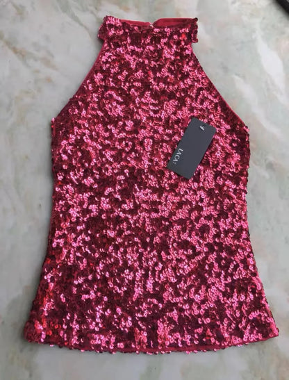 Sequins Women Fashion Shimmer Flashy Embellished High Quality Halter Neck Sleeveless Vest Sexy Tank Top Clubwear Stage Perform