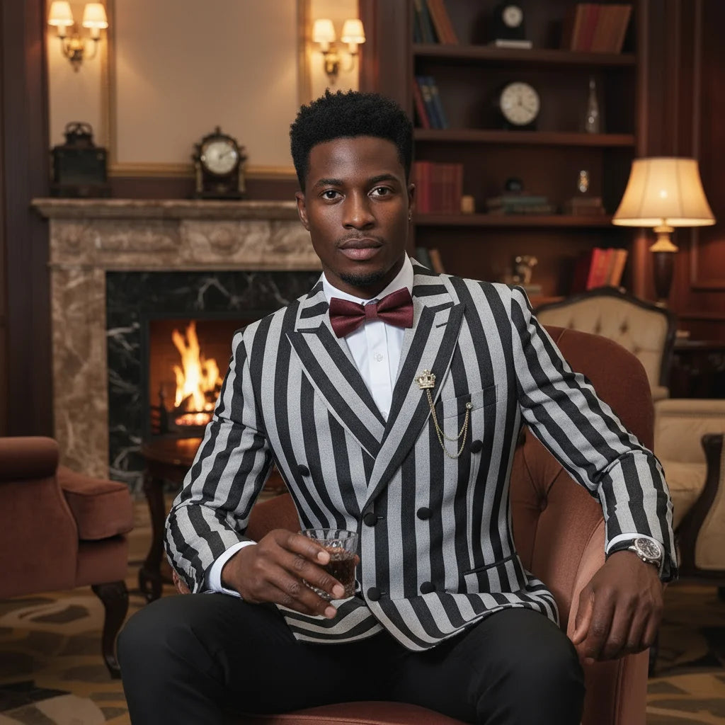 Party outfit Fashion red and black striped evening gown Double Breasted Slim Fit luxury man jacket tuxedo Men's Suit