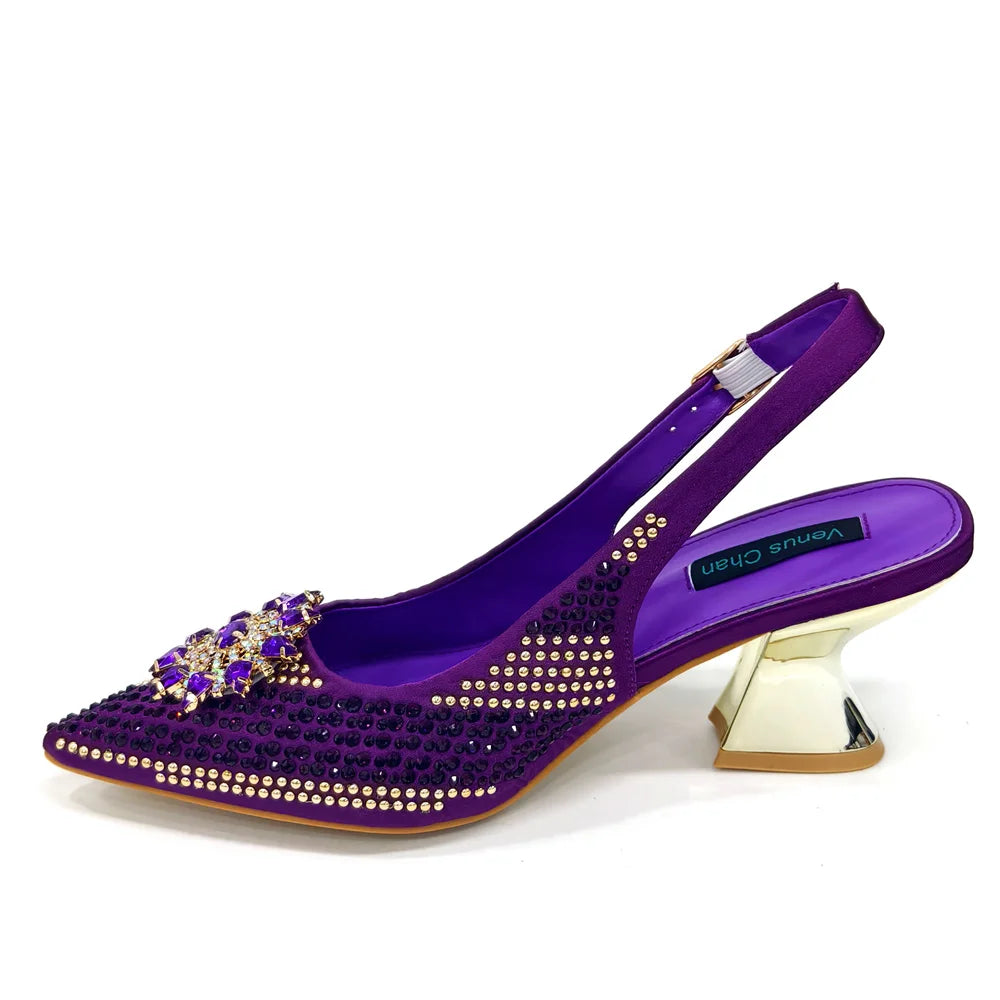 Specials Italian Women Heels Shoes and Bag Set Royal Purple Color Comfortable With Rhinestone for Party