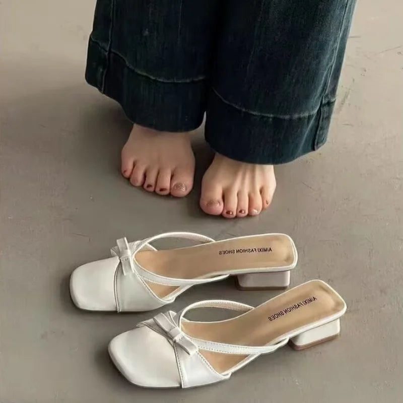 2026 Summer New Elegant Square Toe Bow Low Heel Slide Sandals Women's Versatile Fairy Style Fashion Slippers