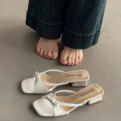 2026 Summer New Elegant Square Toe Bow Low Heel Slide Sandals Women's Versatile Fairy Style Fashion Slippers