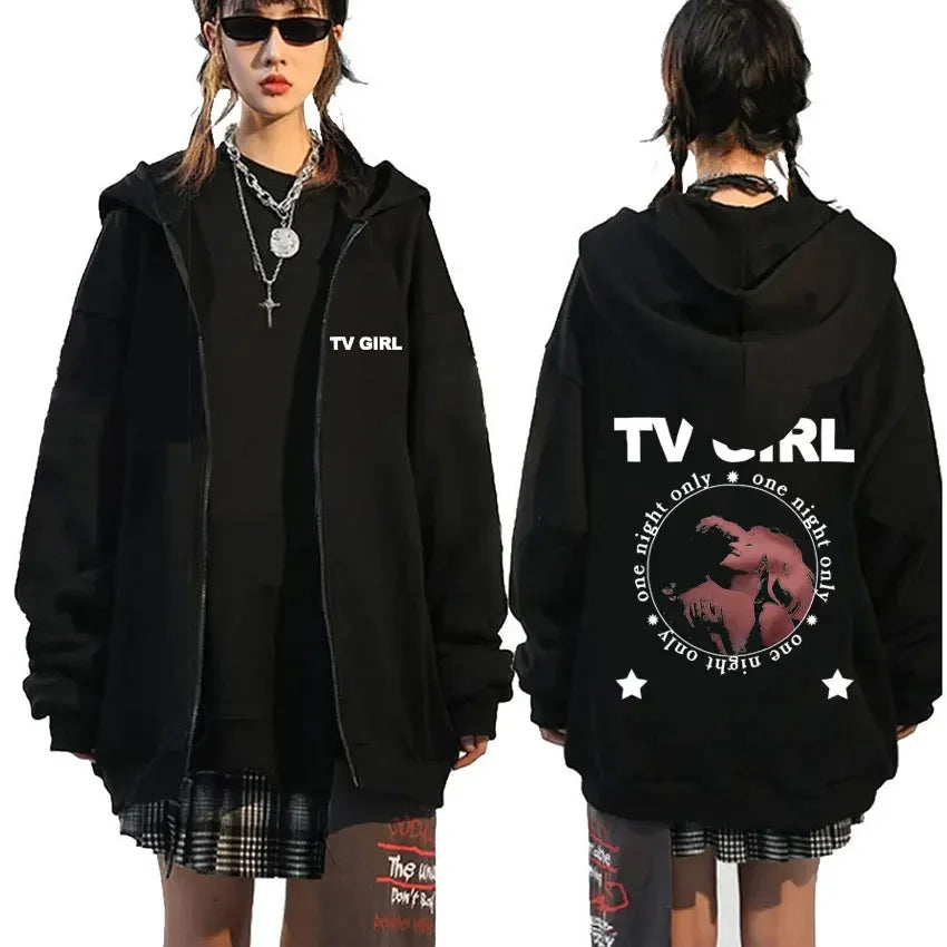 TV Girl Who Really Cares Graphic Print Zipper Hoodie Men Women Fashion Casual Oversized Zip Up Jacket Male Fleece Sweatshirts