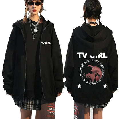 TV Girl Who Really Cares Graphic Print Zipper Hoodie Men Women Fashion Casual Oversized Zip Up Jacket Male Fleece Sweatshirts