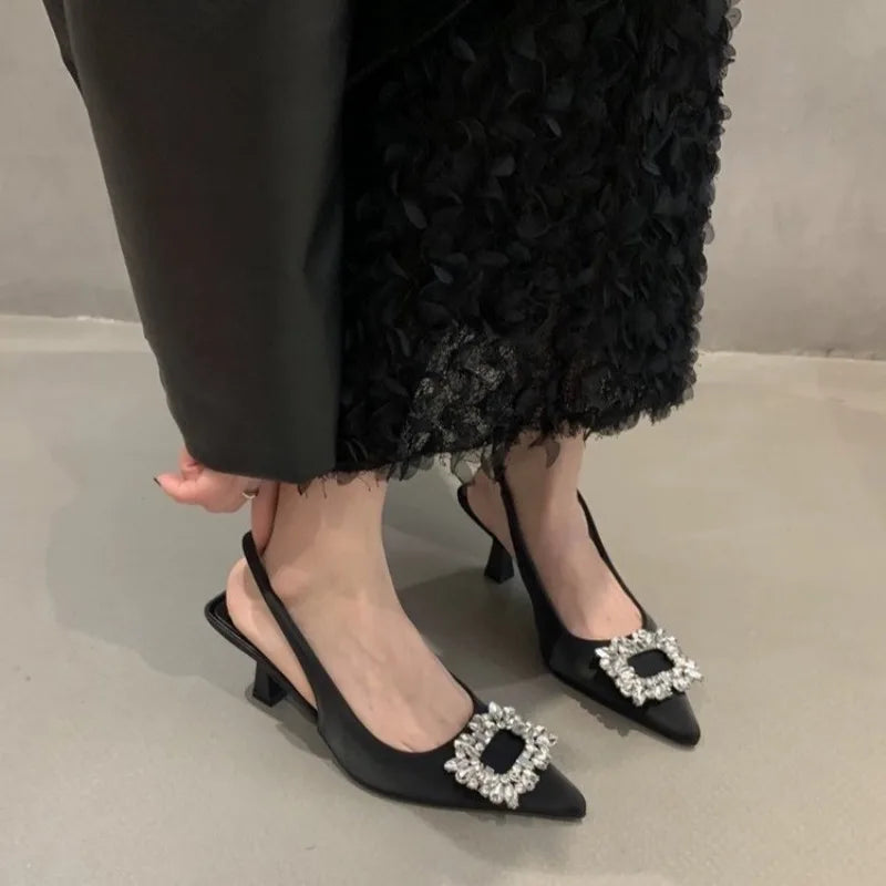 Women Sandals Summer Pointed Toe Slingback Mules Shoes Woman Fashion Rhinestone Ladies High Heels Sexy Pumps Party Dress Shoes