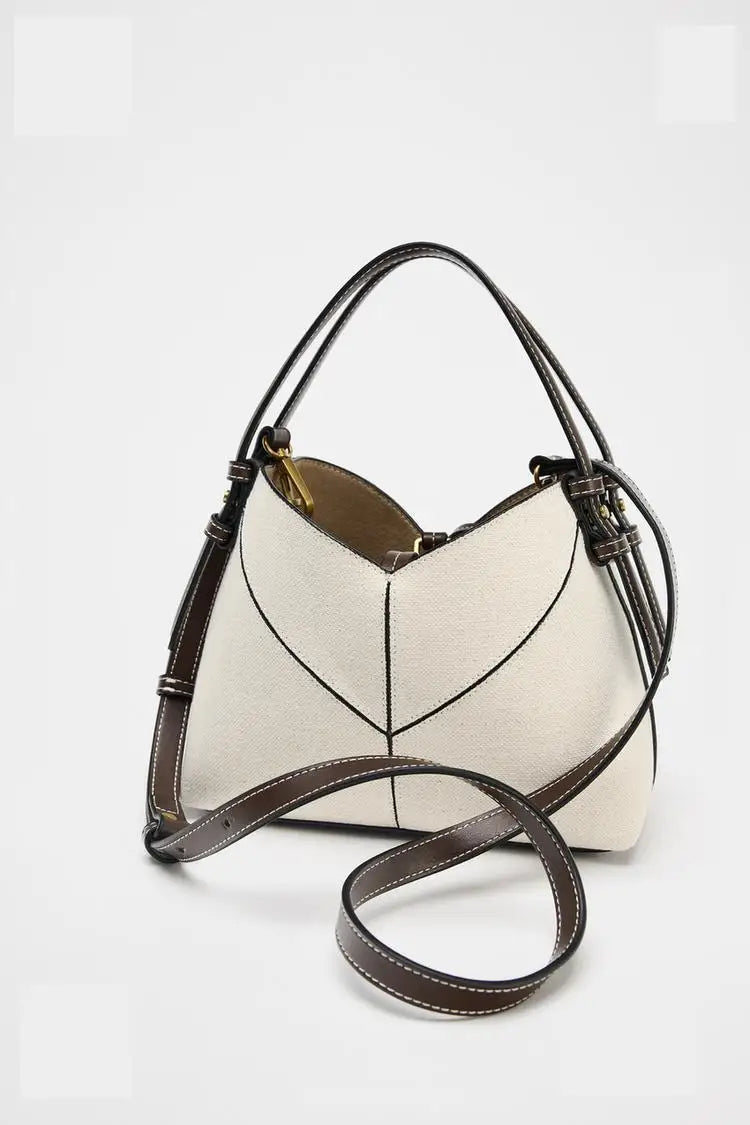 CONTRAST CANVAS MINI SHOPPER, Fashionable Bucket Bag, Designer Shoulder Handbags, Luxury Handle & Removable Crossbody Strap