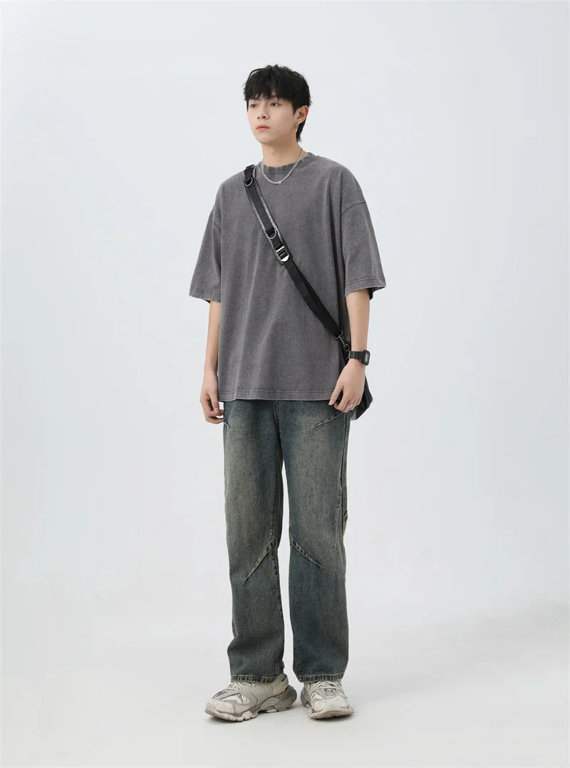 Japanese Korean Style Stir Fried Snowflake Washed T-Shirts Men Women Cotton Heavyweight Summer Hip Hop Streetwears Short Sleeved