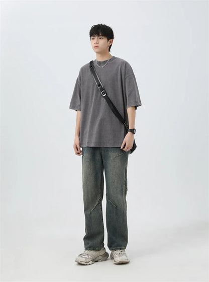 Japanese Korean Style Stir Fried Snowflake Washed T-Shirts Men Women Cotton Heavyweight Summer Hip Hop Streetwears Short Sleeved