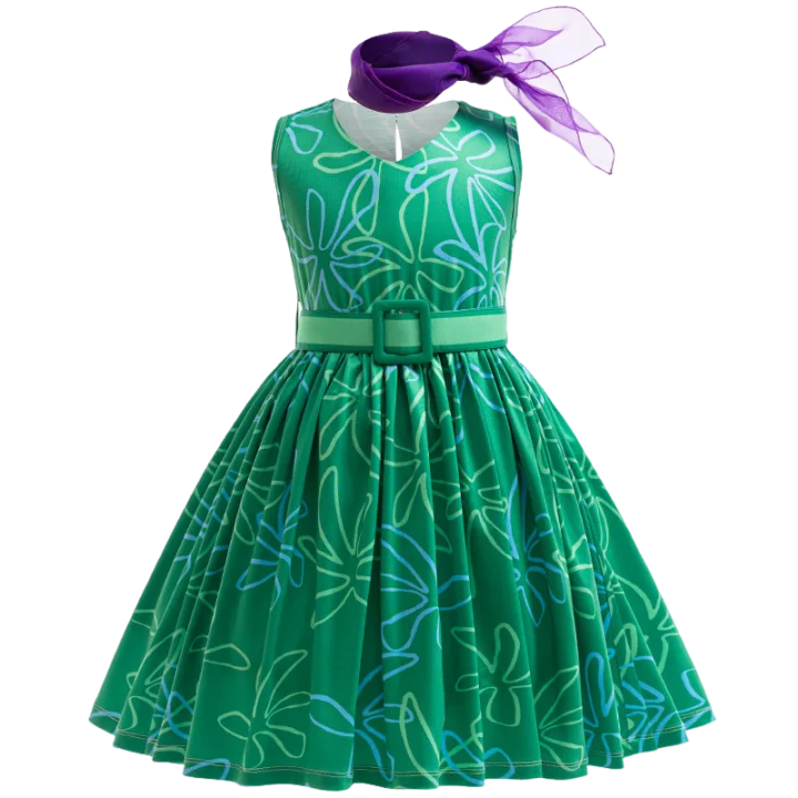 3PCS Full Printing Green Dress for Kids Girl Cosplay Dress+Scarf +Belt Disgust Costume Halloween Disguise Party Joy Clothing