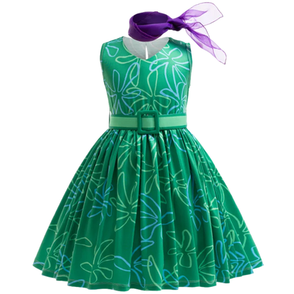 3PCS Full Printing Green Dress for Kids Girl Cosplay Dress+Scarf +Belt Disgust Costume Halloween Disguise Party Joy Clothing