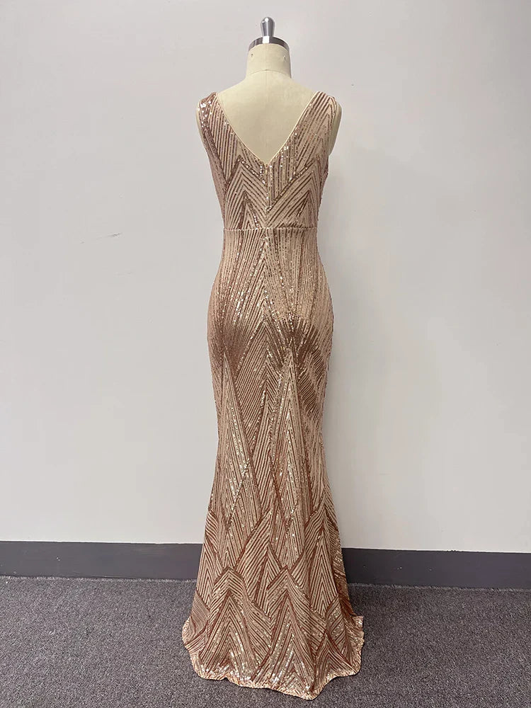 Women Elegant Short Sleeve Mermaid Glittering Sequin Long Prom Dress V With Zipper Back Formal Dress