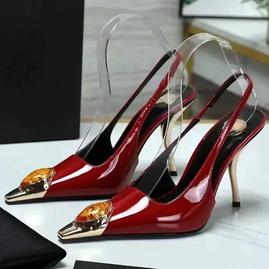 Luxury Metal Jewel Decoration Heels Women 2025 Sexy Pointed Toe Patent Leather Women Pumps Elegant Banquet High Heeled Sandals
