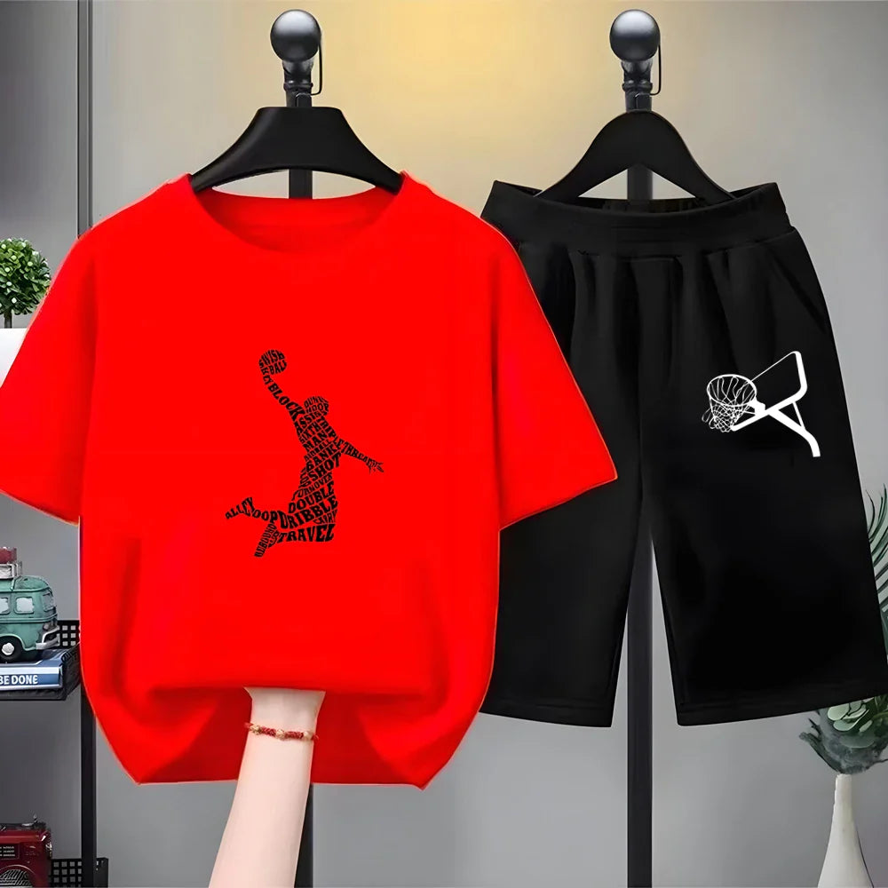 Kids Sets white T-Shirt Basketball shooting cool Boy black Girls red Casual Tops TShirt+Shorts Children's Summer Short Sleeve