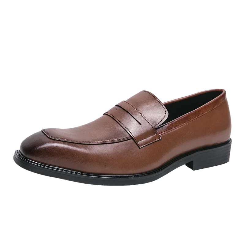 Men’s leather penny loafers pointed toe slip-on dress shoes business casual brown