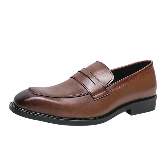 Men’s leather penny loafers pointed toe slip-on dress shoes business casual brown