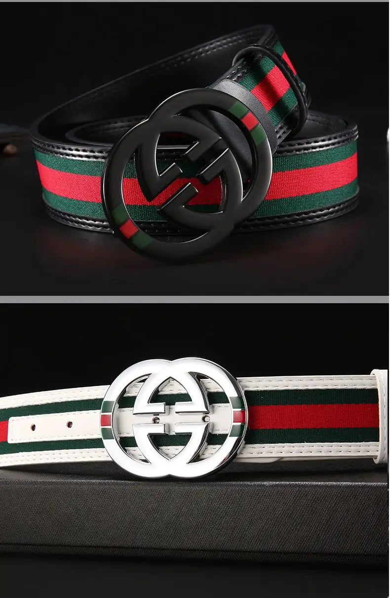2026 New Unisex Red Green Stripe Belt 3.8cm - Durable Canvas Designer Waistband with Metal Logo, Trendy & Wear- Resistan