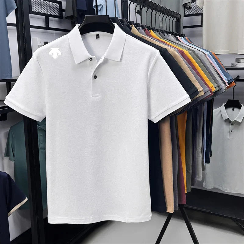100% men's summer luxury brand polo shirt lapel geometric printing short sleeves t-shirt outdoor leisure men clothing tops