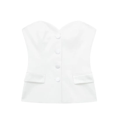 Summer Women Elegant White Top Front Button Corset Tube Top Strapless Sleeveless 2024 Fashion Y2k Female Chic Top