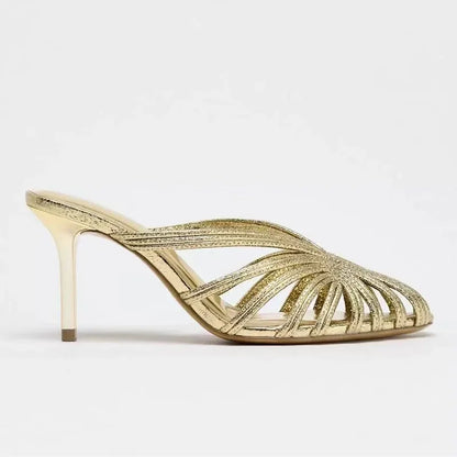 Gold Luxury Thin Heel Slippers Women Dress Shoes Summer New 2025 Hollow Beach Shoes Slides Designer Brand Sandals Ladies Pumps
