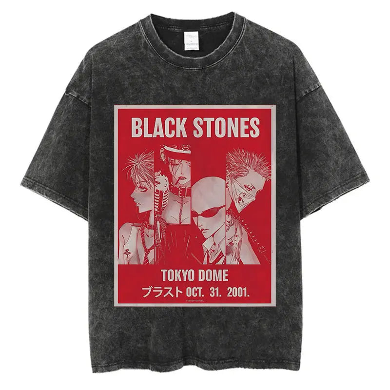 Japanese Anime Nana Osaki Print Vintage Washed Tshirt Harajuku Streetwear Graphic T-Shirt Summer Short Sleeve Cotton Tshirt