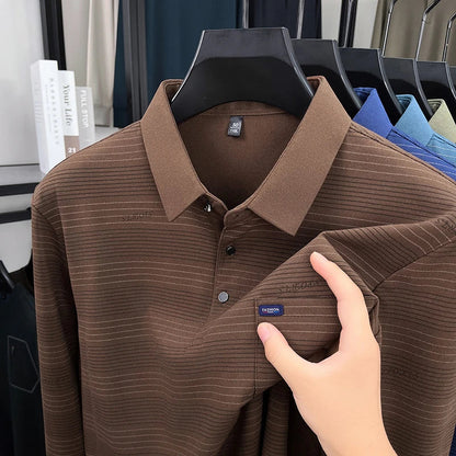 2025 long sleeved men's spring and autumn collar striped pullover top with loose pockets polo shirt