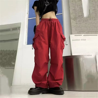 Black Men's Hip Hop Cargo Pants Casual Summer Solid Multiple Pockets Trousers Cool Ribbons Techwear Hip Hop Sweatpants Boys