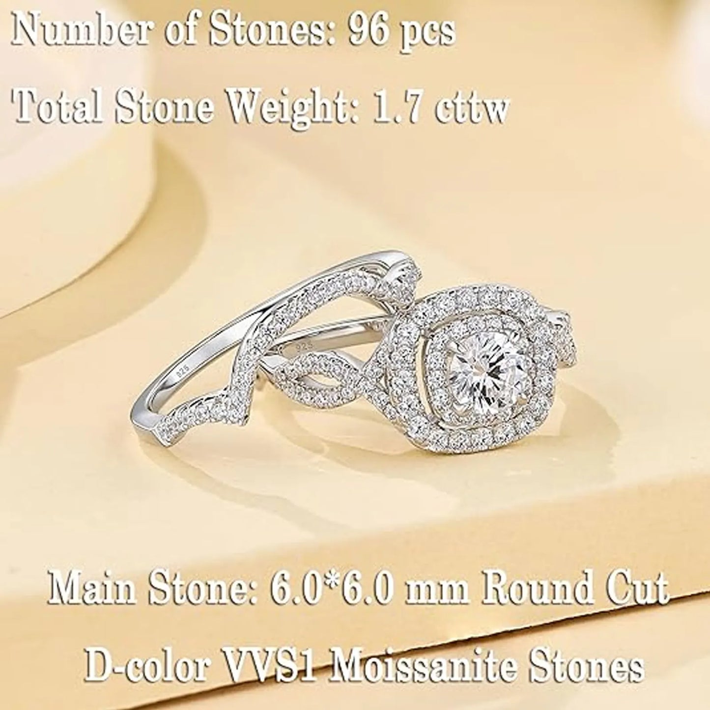 2Pcs Halo Round Cut Moissanite Wedding Ring Set for Women Solid 925 Sterling Silver Zircons Luxury Bridal Rings