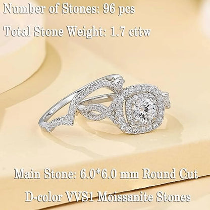 2Pcs Halo Round Cut Moissanite Wedding Ring Set for Women Solid 925 Sterling Silver Zircons Luxury Bridal Rings