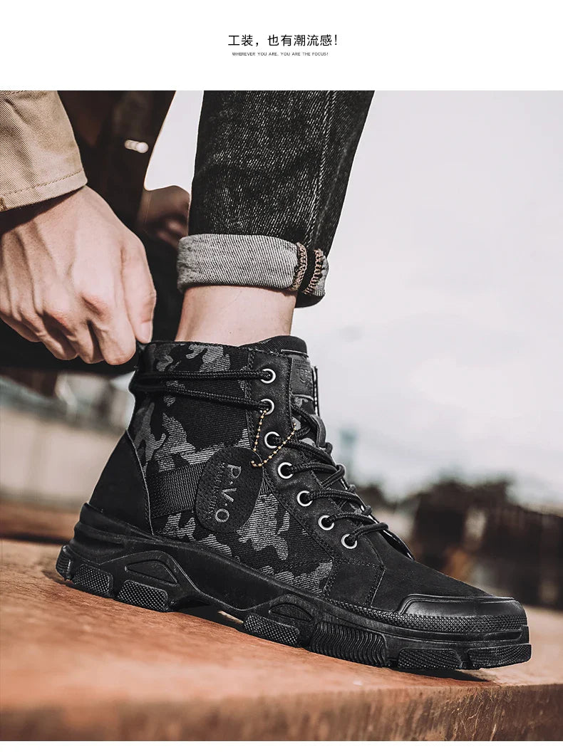 Men's canvas boots autumn winter new plus velvet high-top warm casual boots outdoor boots camouflage tooling boots desert boots