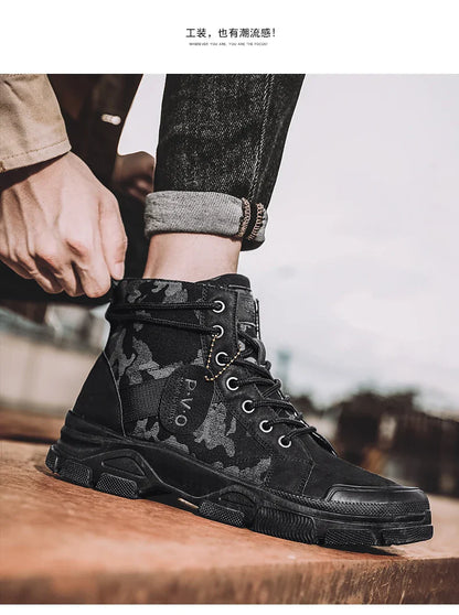 Men's canvas boots autumn winter new plus velvet high-top warm casual boots outdoor boots camouflage tooling boots desert boots