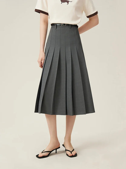 2025 New Arrival Women Zipper Waist Office Lady Elegant Grey Skirt Pleated Design Navy Blue Color Long Skirt Daily Outfits