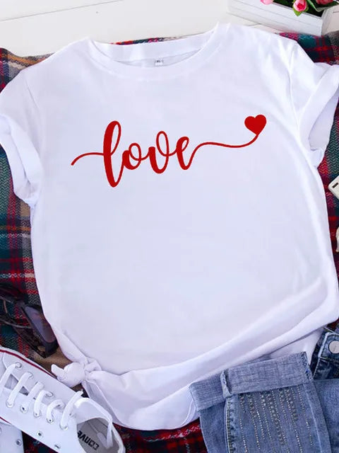 American Retro Letters Love White T-shirt Women Short Sleeve Round Neck Loose Large Size Casual Top Oversized