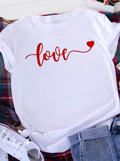 American Retro Letters Love White T-shirt Women Short Sleeve Round Neck Loose Large Size Casual Top Oversized