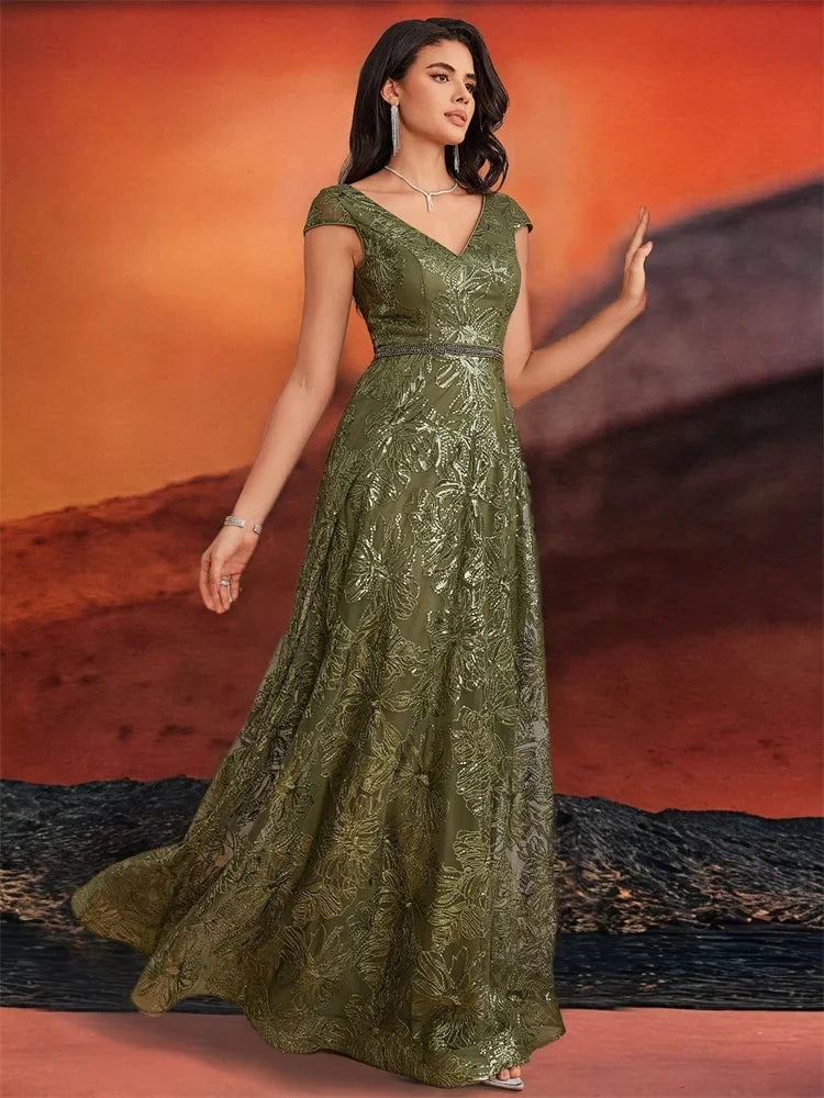 New Luxury V-Neck Beading Green Sequins Evening Dresses Elegant Long Women V-back Wedding Party Long Prom Cocktail  Gowns