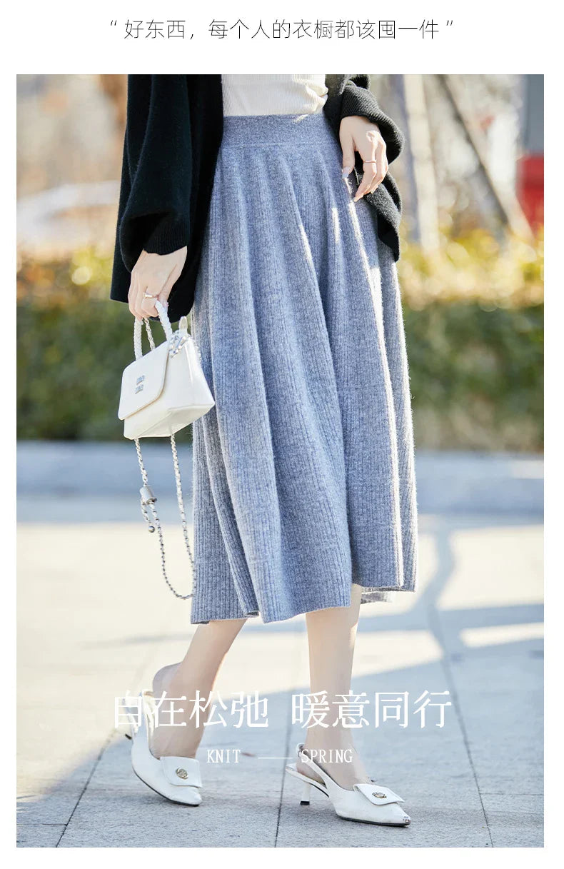 Autumn And Winter High Waist 100% Pure Wool Skirt Female Slim Long Knitted Wool Skirt Loose Wearing A-Line Skirt