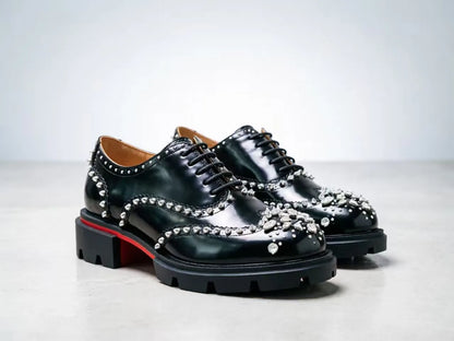 Men's Patent Leather Platform Oxfords Shiny Crystal Rivet Brogue Dress Shoes Luxury Lace-up Formal Business Wedding Party Male F