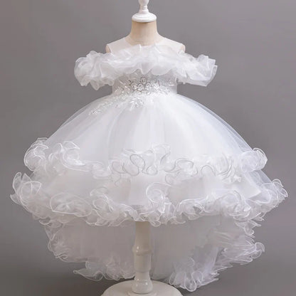Purple Flower Bridesmaid Princess Dress For Girls Children Costumes Trailing Party Dresses Girls Dress Beaded Wedding Gown
