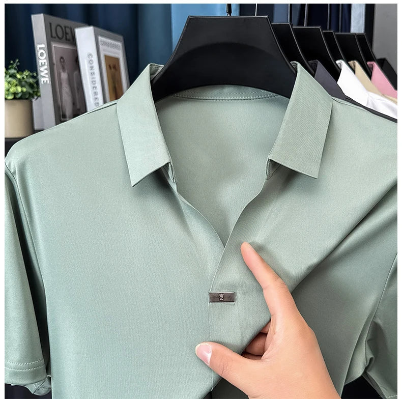 High quality ice silk short sleeve T-shirt men's lapel top trendy brand design cool silky breathable summer casual polo shirt