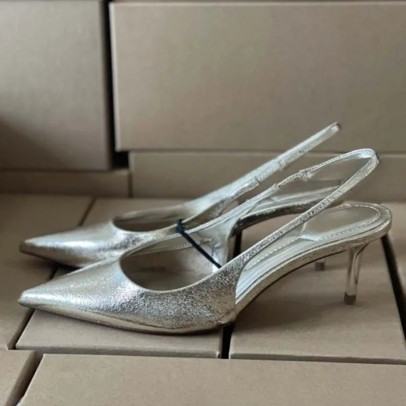 Sapatos femininos de salto alto para escritório e carreira Bico fino sexy Design conciso Dourado brilhante para festa à noite Scarpin slingback