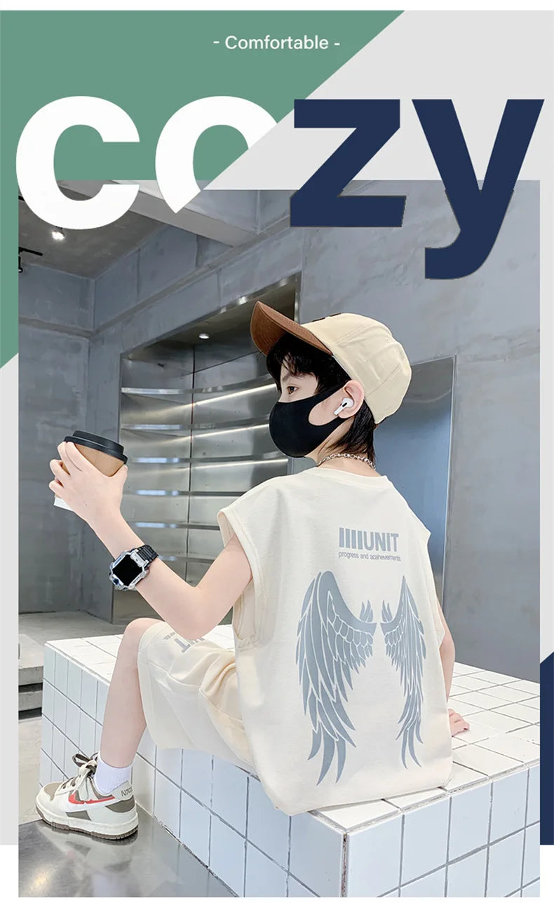 Big Child Cotton Summer Suit for Teens Boy Wing Print Cotton Tshirt + Shorts 2PCS Clothing Set Kids Adult Fashion Street Outfit