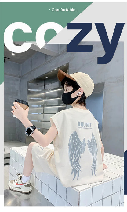 Big Child Cotton Summer Suit for Teens Boy Wing Print Cotton Tshirt + Shorts 2PCS Clothing Set Kids Adult Fashion Street Outfit
